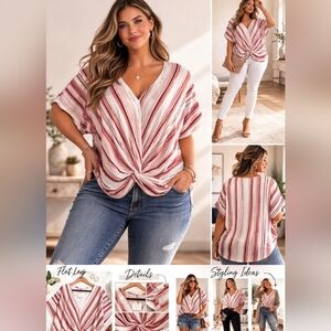 Plus Size Sexy Women’s 3XL Red White Striped Twist Front V-Neck Top